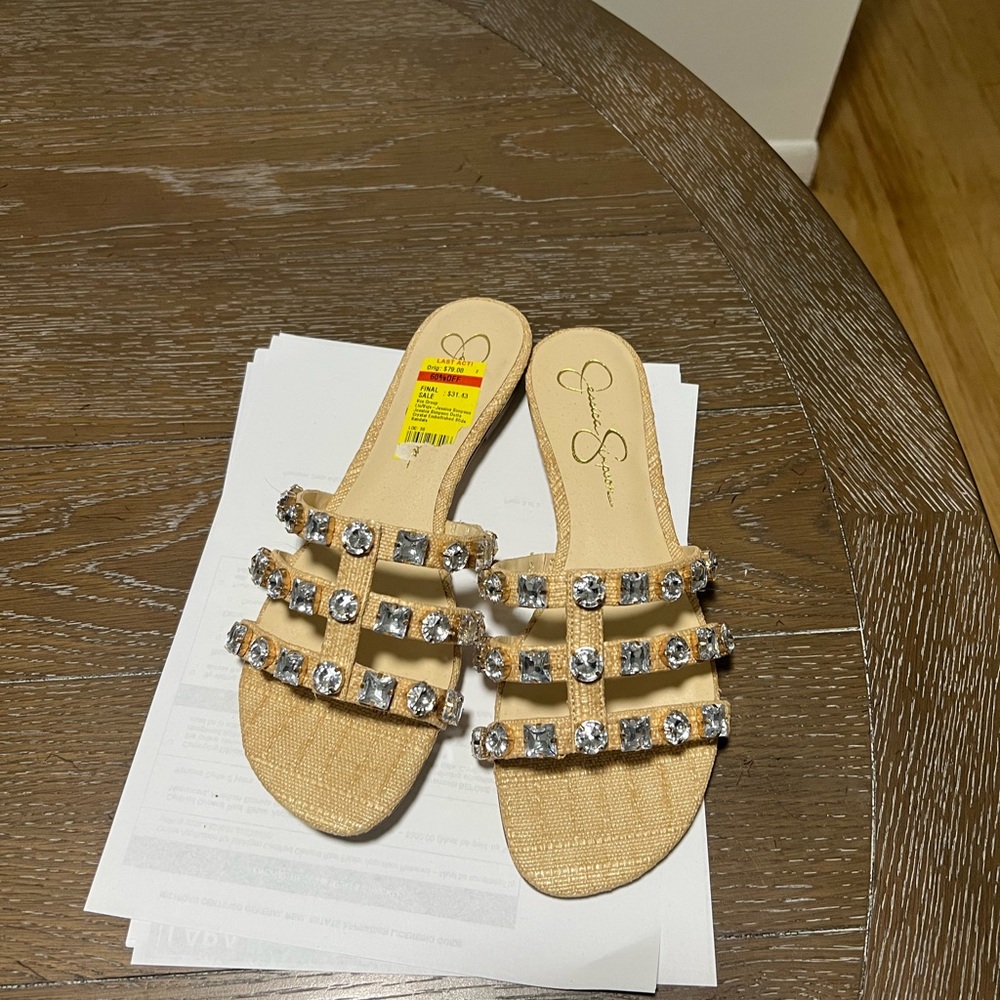 Jessica Simpson Gold Sandals with Crystal Embellishments.